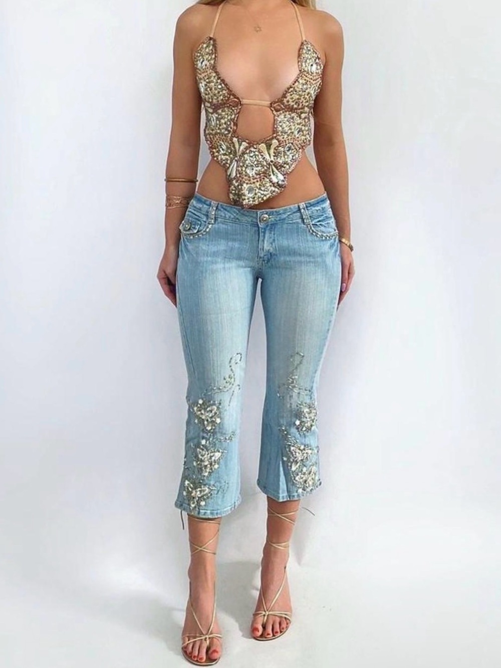 Light Blue Embellished Crop Jeans - Unbranded